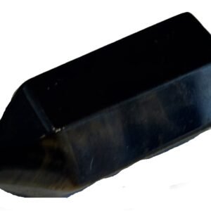Polished dual tone blue and gold tigers eye crystal point standing upright showing golden chatoyant bands and dark blue black tones on a white background